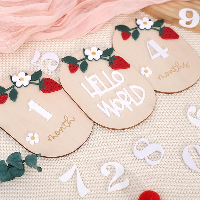 Strawberry Monthly Milestone Cards – Berry Sweet Baby Photo Props, Wooden Newborn Welcome Sign, 3 PCS Wooden and Acrylic Monthly Milestone and Hello World Boards, Month Growth Markers