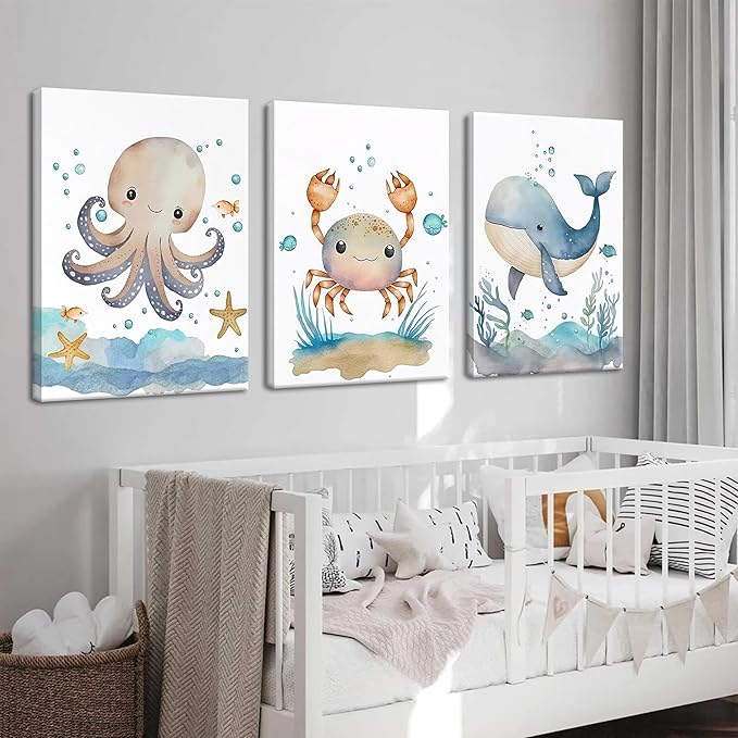 Ocean Nursery Wall Art Set of 3, Sea Animal Baby Boys Room Canvas Wall Decor Paintings, Watercolor Ocean Kids Nursery Posters Prints Pictures for Boys and Girls Room, Bedroom 12x16 Inch Framed
