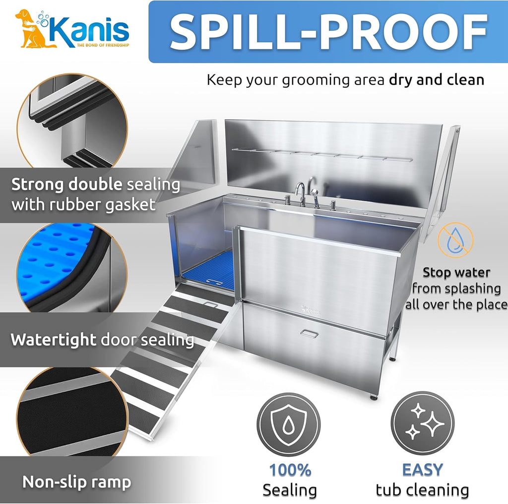 KANIS Professional Dog Washing Station - 304 Stainless Steel Pet Wash Sink & Grooming Bath Tub for Home with Ramp, Shower, Floor Grate, Storage Drawers, and Faucet for Large, Medium & Small Pets