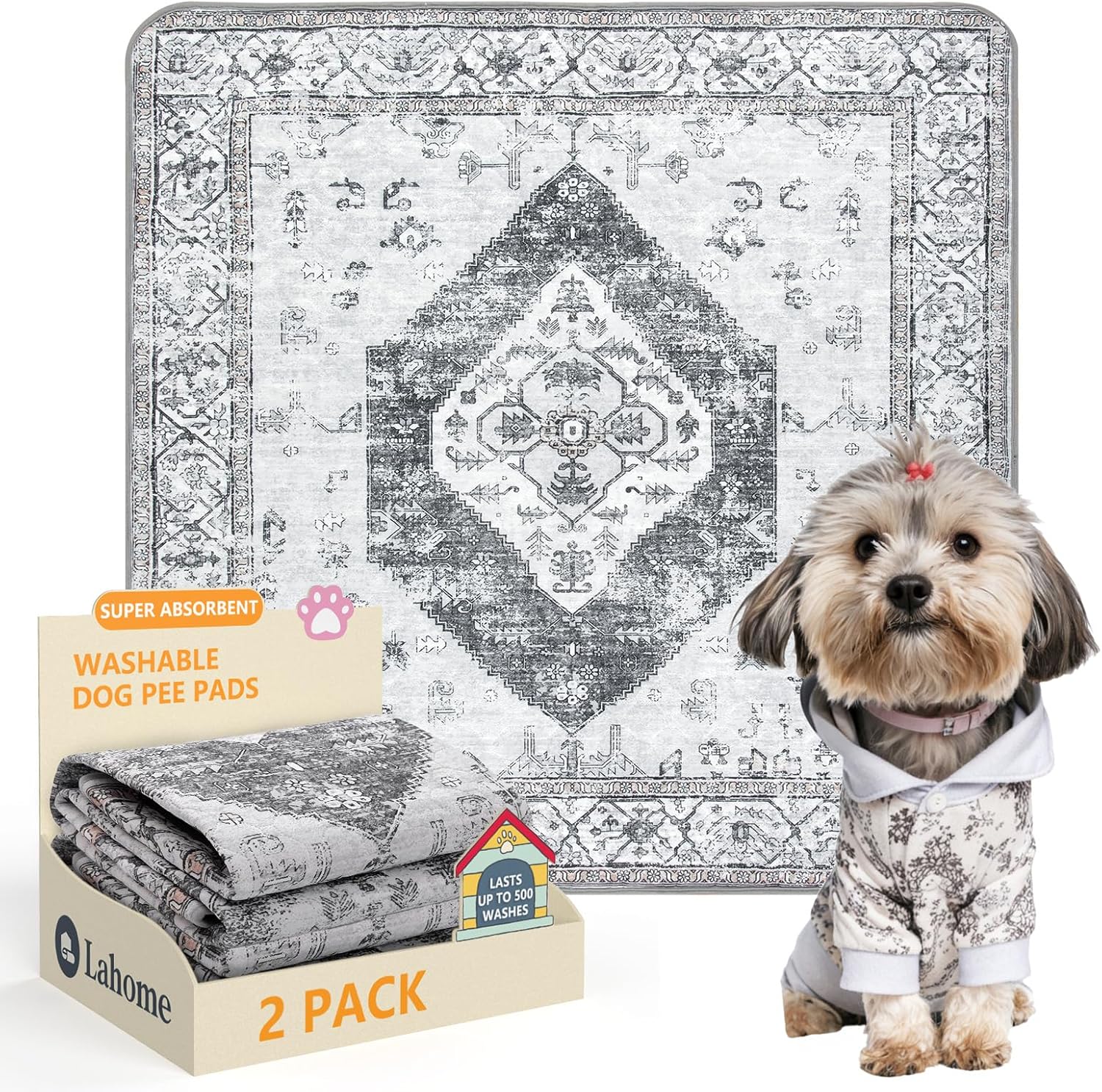 Lahome Super Absorbent Washable Pee Pads for Dogs - Secure Floor Protection - Non-Slip, Leakproof Reusable Pads for Training, Crates & Playpens (2 Pack, 36"x36", Gray)