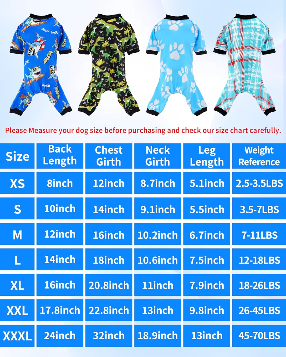 PET SHOW 4 Pack Small Dog Pajamas for Medium Dogs Boy Dinosaur Shark Soft Stretchy PJs Plaid Jumpsuit Puppy Cats Paw Onesies Outfits with Sleeve Pets Breathable Summer Clothes Costume L