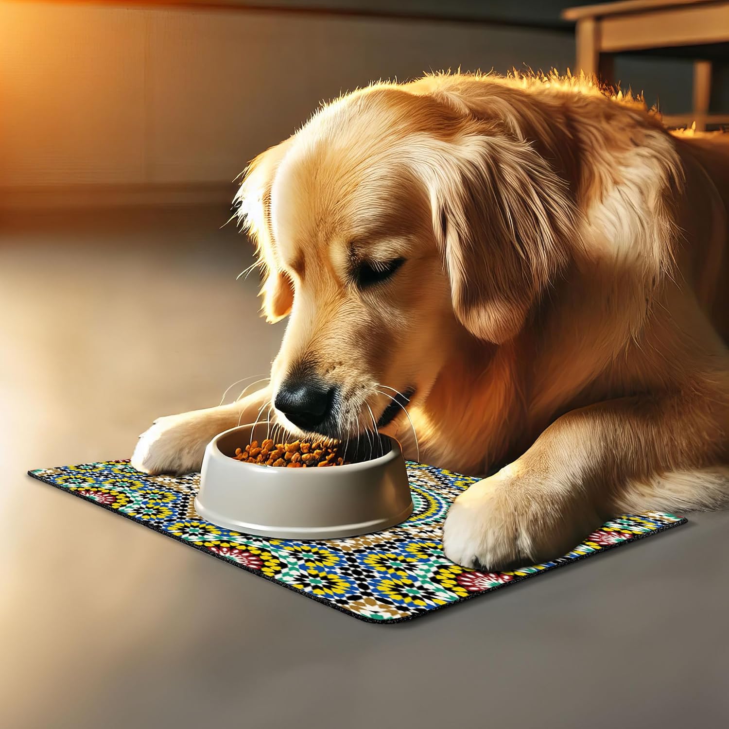 Lunarable Moroccan Pet Mat for Food and Water, Architectural Glaze Wall Tile Ceramic Historical Traveling Destinations, Non-Slip Rubber Mat for Dogs and Cats, 18" X 12", Khaki Blue
