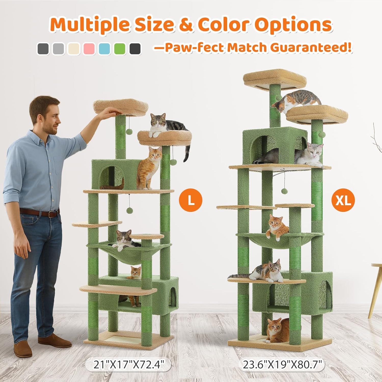 PAWZ Road Heavy Duty Cat Tree for Large Cats, 81 Inches Cactus Tall Cat Tower with 2 Perches, 2 Condos and Spacious Hammock, XL Extra Large Condo with 7 Scratching Posts for 20lb+ Adult Cats, Green