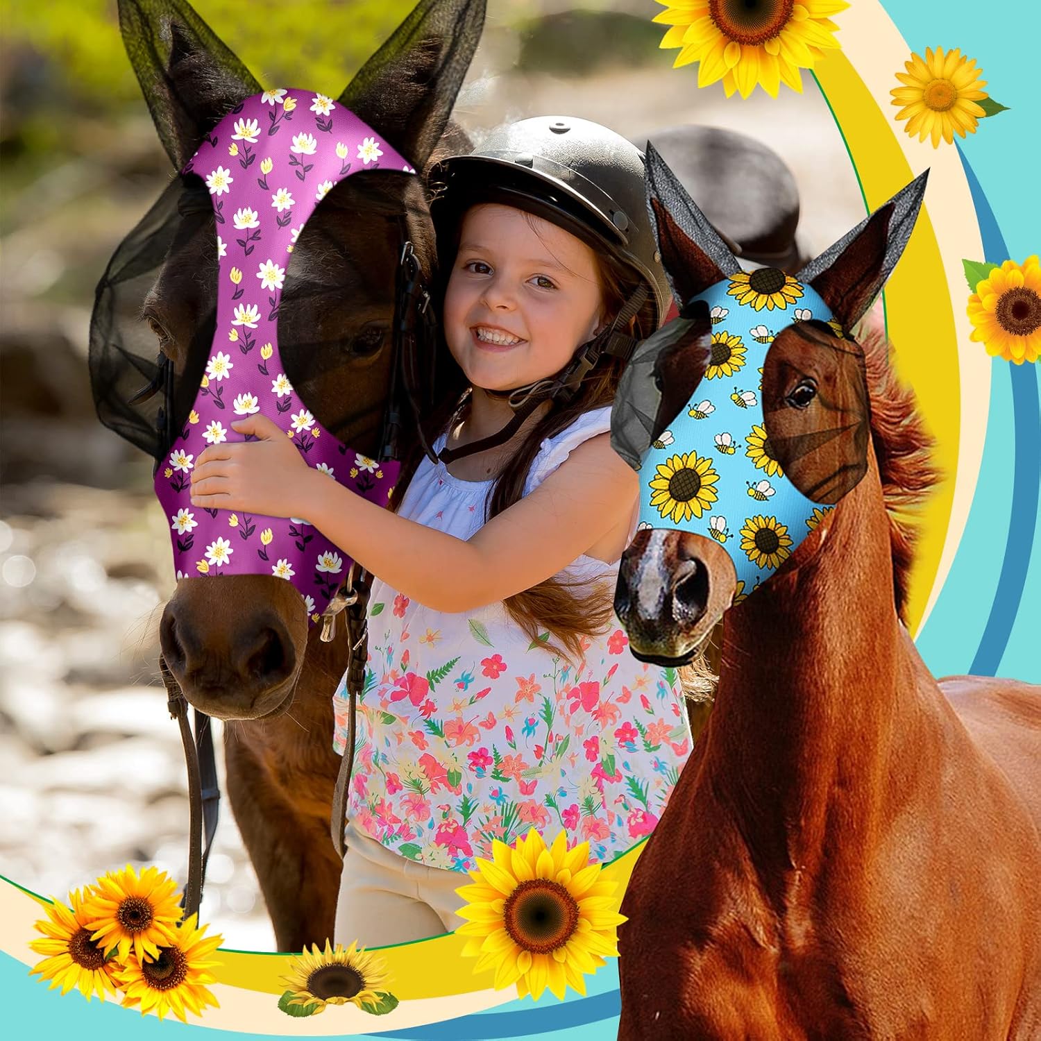 Frienda 4 Pieces Horse Fly Masks with Ears Face Covering UV Protection from Insect Pests Elasticity Smooth Comfortable Mesh Horse Mask Accessories(Flower,Medium)