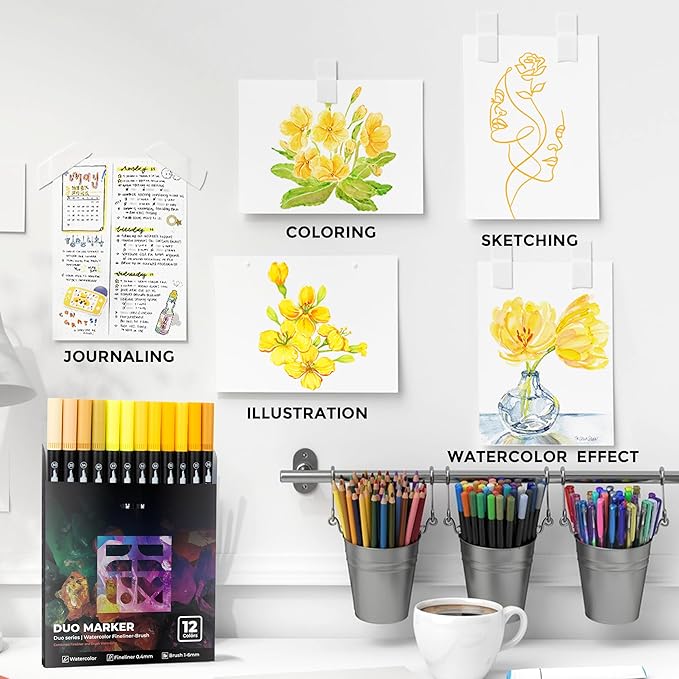Yellow Duo Tip Marker Pens, 12 Pack Fine & Brush Markers for Adult Coloring Books No Bleeding, Sunshine Yellow Markers for Summer Themes, Sunflower Art, Energetic Accents and Happy Doodles