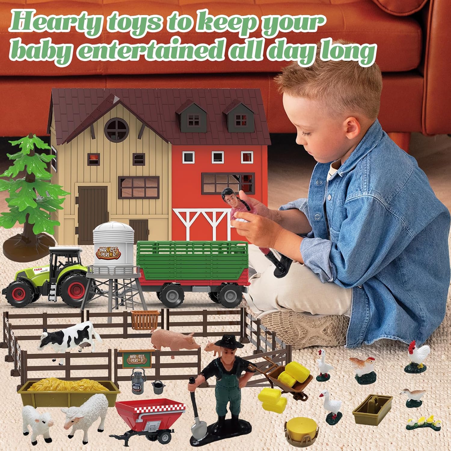 109PCS Farm Animals Toys Set Comes with Barn, Rice Storehouse, Rice Trolley, Milking shed, Farmer, Fence - Playset for Kids Toddlers Boys Girls 5+ Years Old