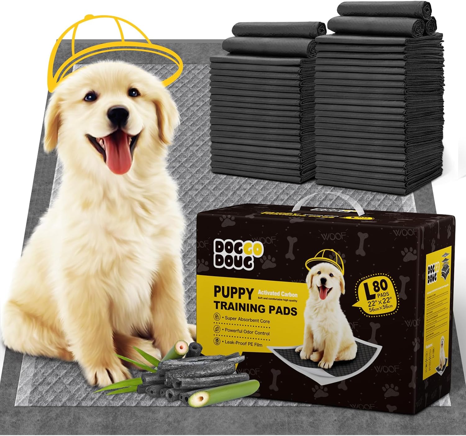 Charcoal Puppy Pads 80 Counts,22"x22" Dog Pee Pads Small Disposable Activated Carbon Super Absorbent Full Edge-Wrapping Pee Pads Odor-Control Training Pads for Doggie Cats Rabbits