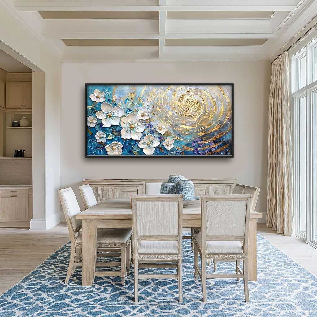 Flower Large Wall Art White Floral Pictures Abstract Golden Spiral Texture Wall Decor Canvas Print Painting Artwork for Bathroom Living Room Bedroom 60L" x 30W"