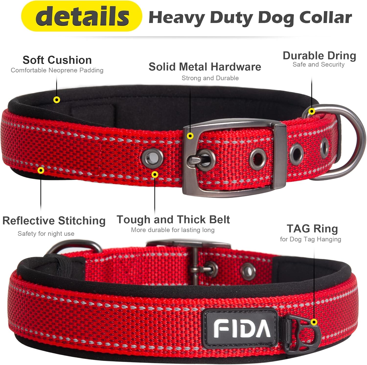 Fida Heavy Duty Dog Collar, Ultra Comfortable Soft Neoprene Padded, Adjustable Reflective Nylon Pet Collar with Durable Metal Belt Buckle for Medium Breeds (M, Red)