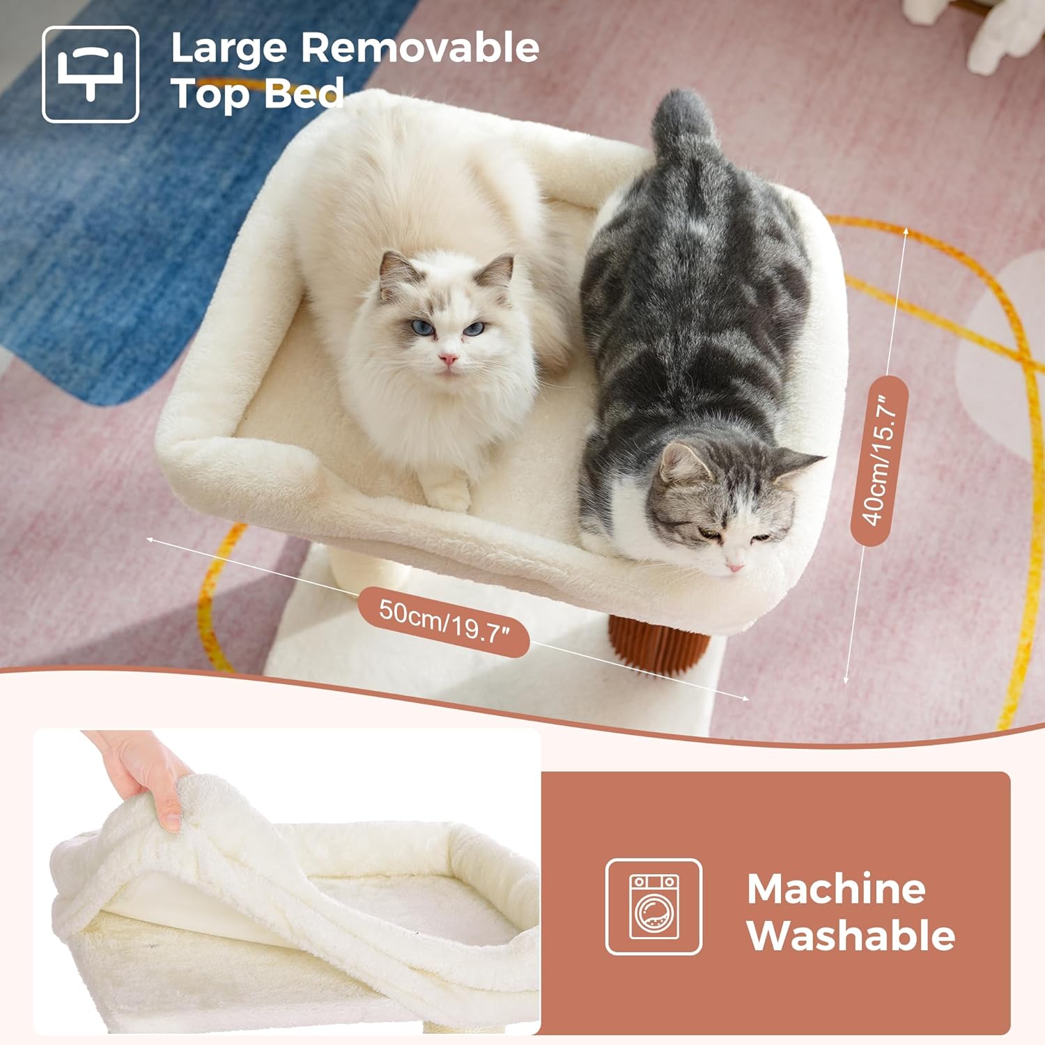 Cat Tree Tower for Large Cats Cat Scratching Post with Cat Self Groomer, 20x15.7” Wide Top Bed, Thick Scratch Post [Dia=4.5”] and Danging Ball Great for Indoor Cats-Large Beige