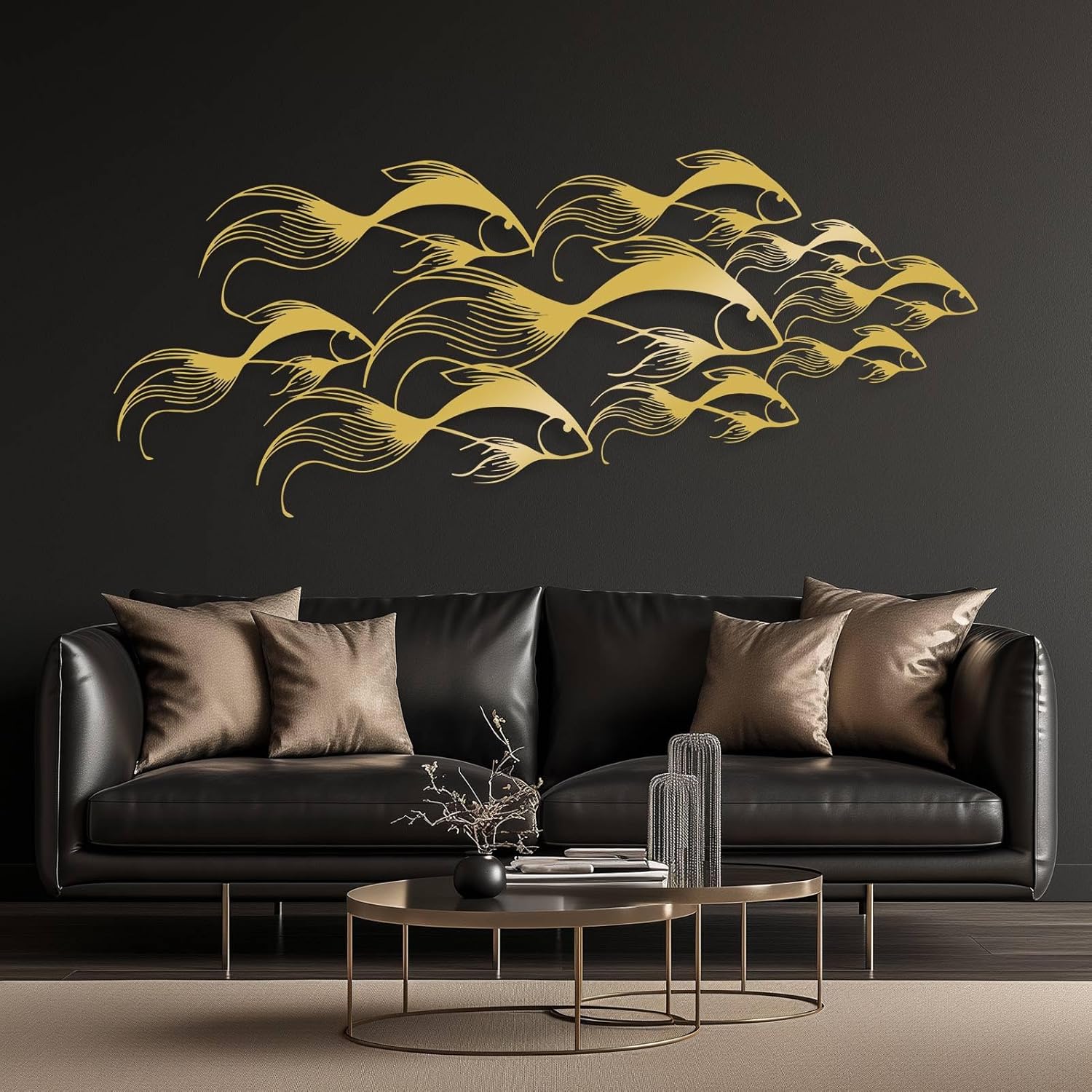 School of Fish Metal Wall Art, Metal Fish Wall Decor, Sea Life Wall Art, Large Nautical Wall Hanging, Modern Beach House Wall Decor, Ocean Themed Artwork for Bathroom (Black, 41"x18" | 105x45cm)