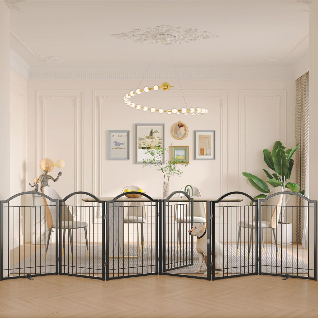 BHG Metal No-Assembly Freestanding Dog Gate with Door Walk Through, Extra Wide 144", Extra Tall 32" Pet Gate, Accordion Puppy Folding Playpen Dog Fence, with 2PCS Support (Black, 6 panesl)