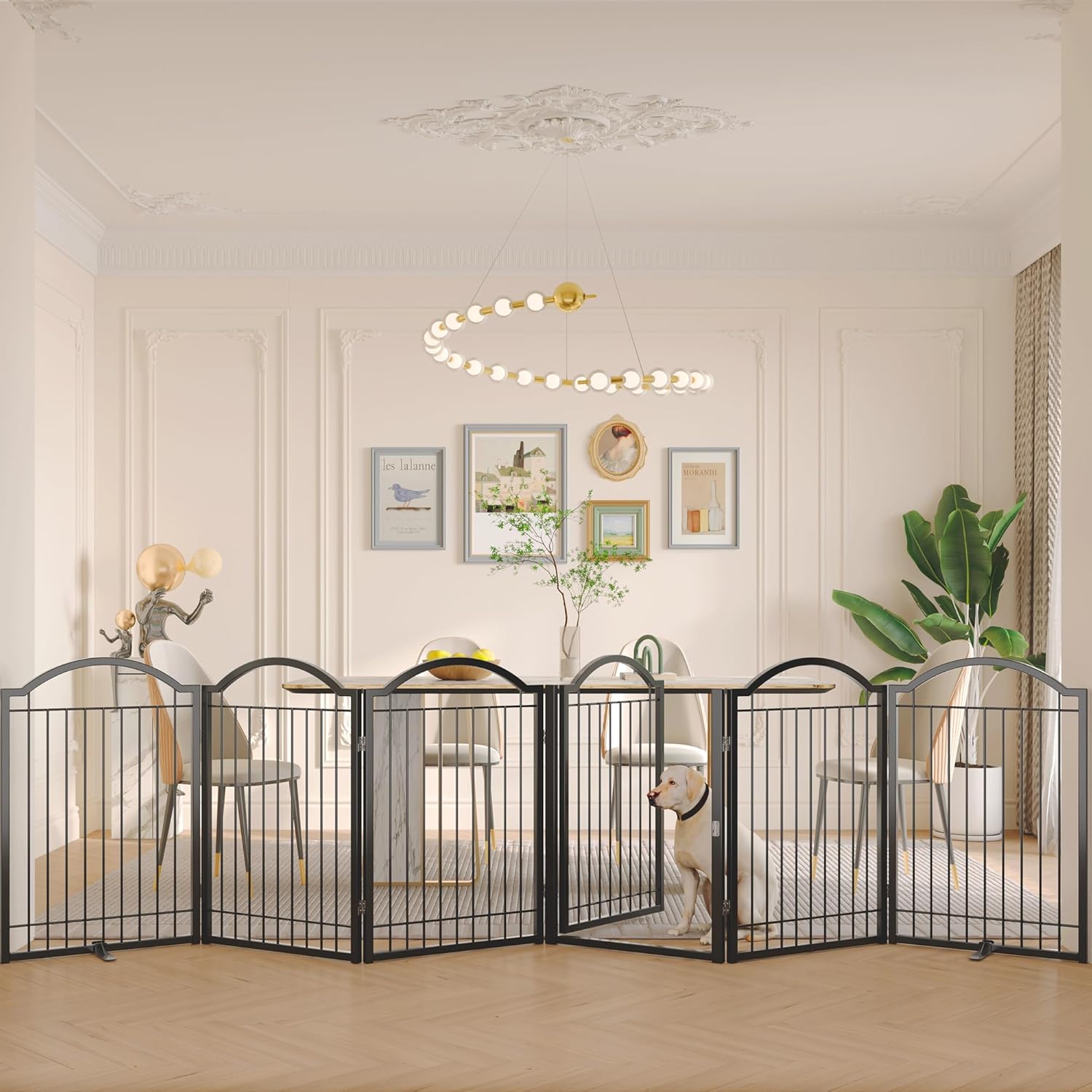 BHG Metal No-Assembly Freestanding Dog Gate with Door Walk Through, Extra Wide 144", Extra Tall 32" Pet Gate, Accordion Puppy Folding Playpen Dog Fence, with 2PCS Support (Black, 6 panesl)