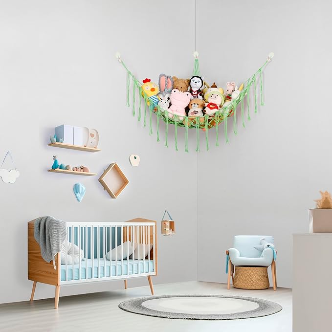 Stuffed Animal Hammock Corner, Hand-knitted Large Plushie Net Toy Hammock with Wooden Rings | Boho Cute Stuff Animal Storage for Nursery & Bedroom | Mesh Kids Toy Organizer Holder Nursery Room Decor