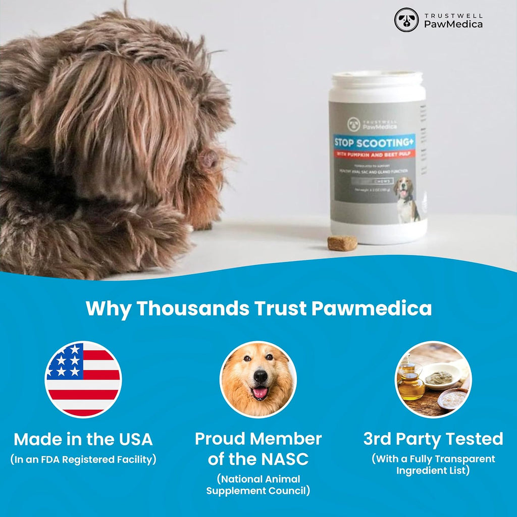 PawMedica Dog Anal Gland Chews to Stop Scoot for Dogs - Anal Gland Dog Constipation Relief - Recommended Dog AnalGland Support Chews Fiber - Fiber Supplement for Dogs (120 Dog Pumpkin Chews)