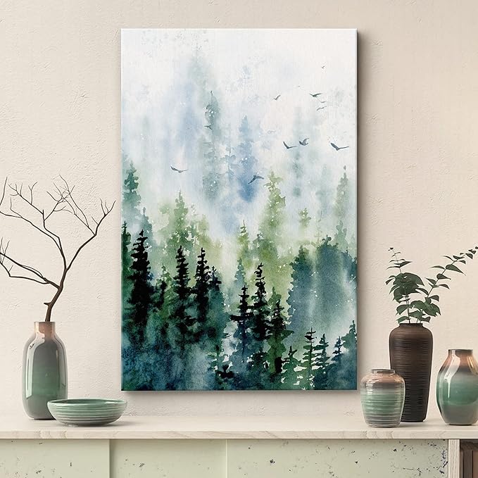 SIGNWIN Canvas Print Wall Art Woodland Nursery Decor Watercolor Pastel Pine Tree Bird Sky Nature Illustrations Modern Art Decorative Landscape Colorful for Living Room, Bedroom, Office - 24"x36"