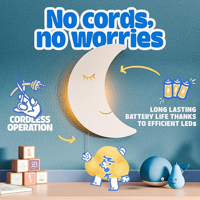 Tip perk Moon Lamp for Baby Nursery - Floating Moon Wall Lamp for Nursery | Cute Floating Moon Lamp for Kids Bedroom | Battery-Operated Hanging Night Lights | Cordless Moon Lights for Bedroom