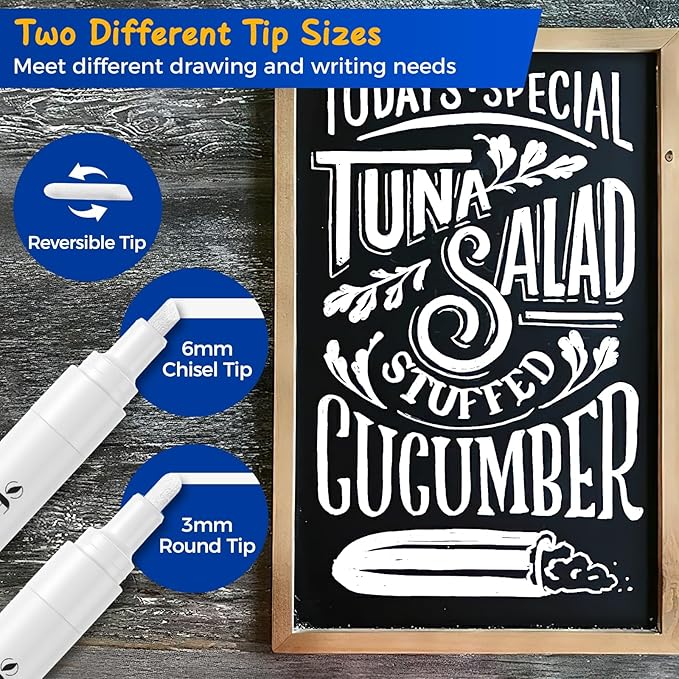 SFAIH Liquid Chalk Markers for Bhalkboard - White 6 Pack 6mm Reversible Tip, Wet Erase Chalk Marker for Chalkboard, Menu, Bistro, Signs, Windows, Glass, Labels, Dust-Free [1s Wet Wipe] - No Residue