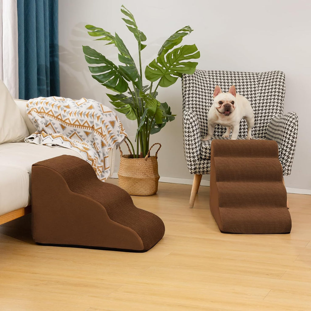 4-Step Dog Stairs and Ramp for Beds or Couches – Non-Slip Sturdy Pet Steps for Small Dogs and Cats,17.4" H,Brown