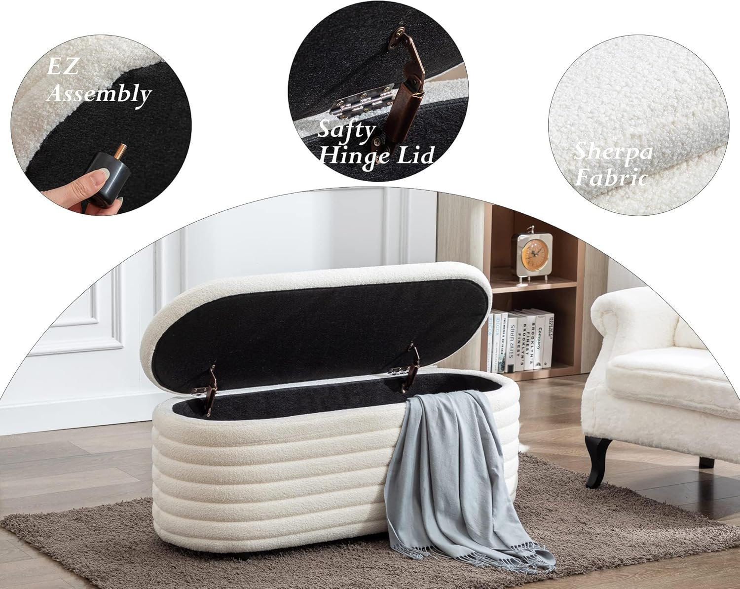 Storage Teddy Ottoman Bench Upholstered Fabric Storage Bench End of Bed Stool with Safety Hinge for Bedroom, Living Room, Entryway, Closet(44.5", White)