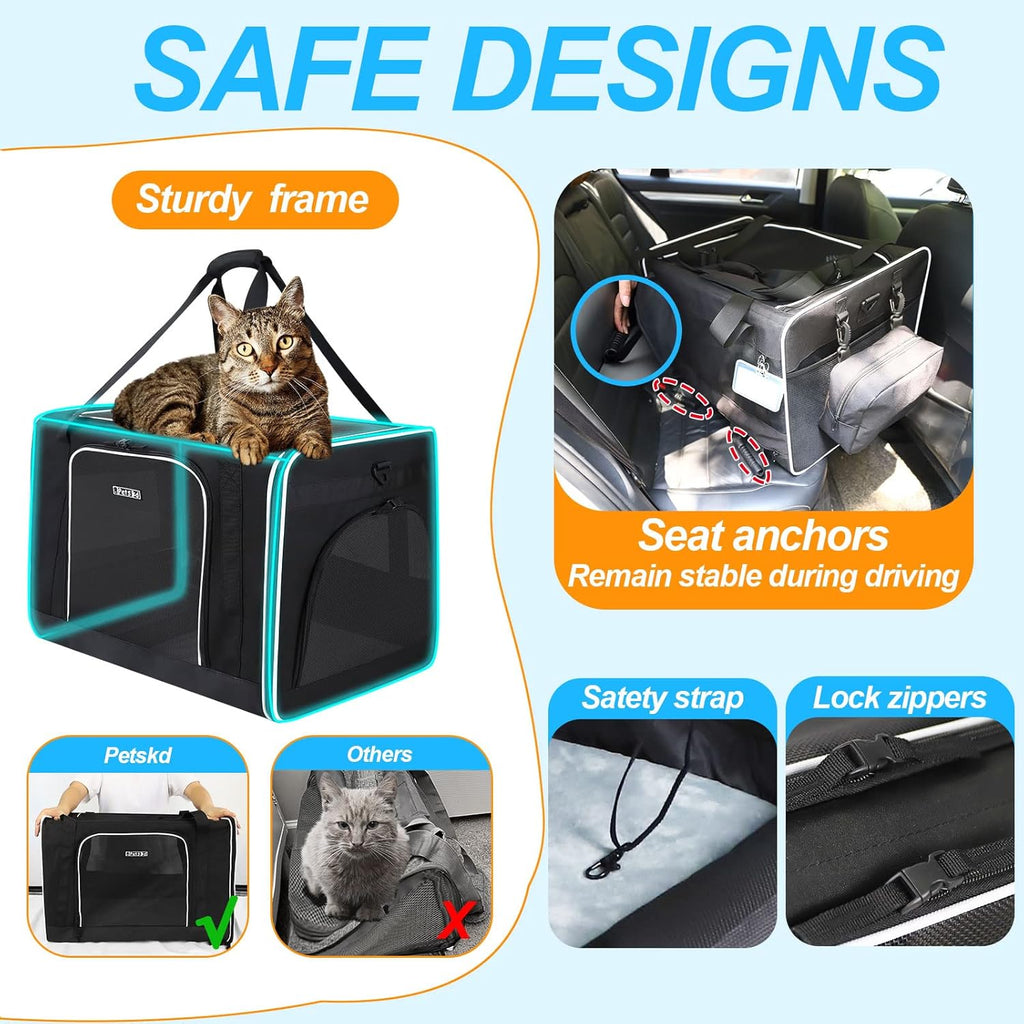 Petskd Extra Large Cat Carrier with Litter Box 24"x17"x17" for Medium Large Cat or 2 Small Cats, Collapsible Soft Sided Pet Carrier for Car Travel with Lockable Safety Zippers(Black)