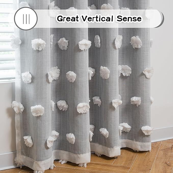 MYSKY HOME Grey Curtains for Bedroom 72 Inches Long Blackout Curtains Pom Pom White Sheer Curtains for Boys Room Double Layer for Toddler Bedroom Grommet Room Darkening Window Panels 52 x 72 Inch