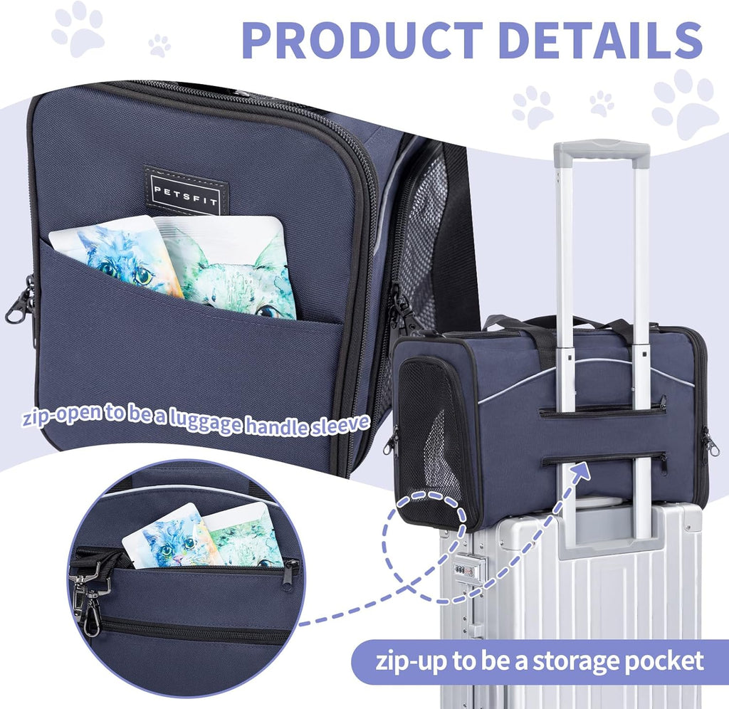 ‌Petsfit Airline Approved Pet Carrier for Small Cats, 16.5x8.6x11 TSA Approved Carrier, with Removable Dual-Sided Padding (2-Way Placement) - Fits Under Most Airplane Seats, Escape Proof (Navy)