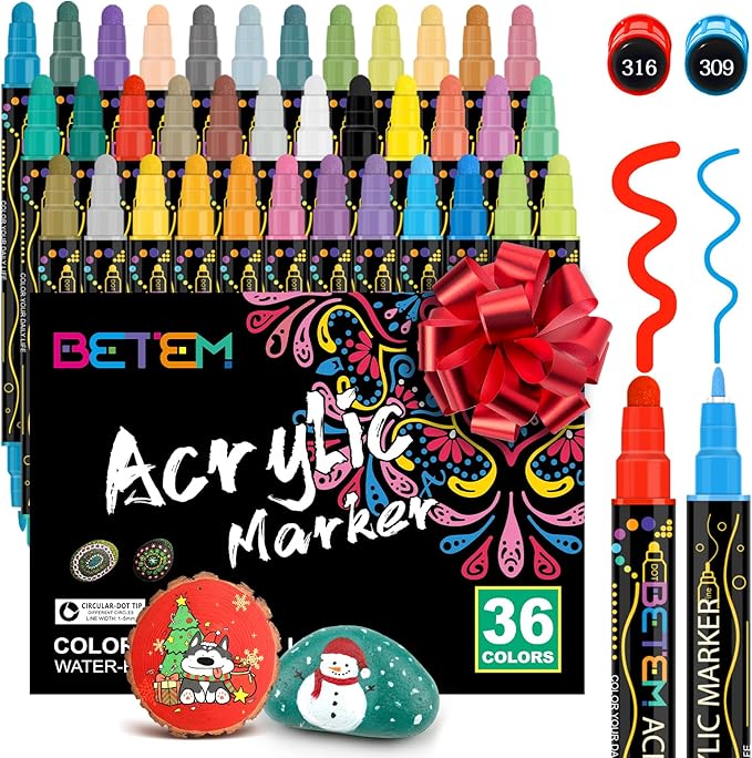 Betem 36 Colors Dual Tip Acrylic Paint Pens Markers, Premium Acrylic Paint Markers Stocking Stuffers for Rock, Wood, Fabric, Glass, Canvas, Ceramic, Christmas Gifts for Teens DIY Crafts Art Supplies