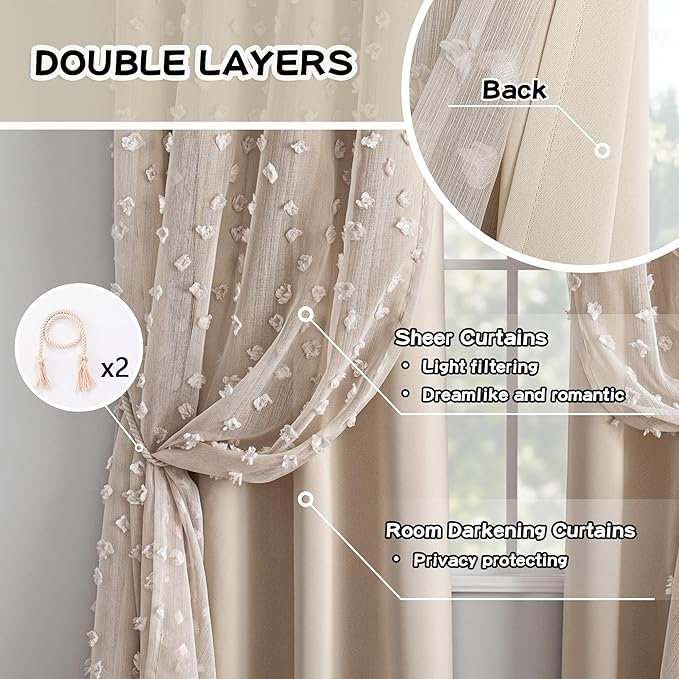 MYSKY HOME Beige Curtains for Girls Bedroom 84 Inches Long Blackout Nursery Curtains Double Layer Beige Pom Pom Sheer Overlay for Toddler Room Grommet Privacy Room Darkening Window Drapes 52" x 84"