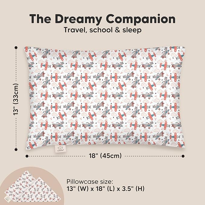 Toddler Pillow with Pillowcase - 13x18 My Little Dreamy Kids Travel Bed Pillows for Sleeping, Organic Cotton Small Pillowcase, Soft & Breathable, Machine Washable, Toddlers 2-5 Years Old (Aircraft)