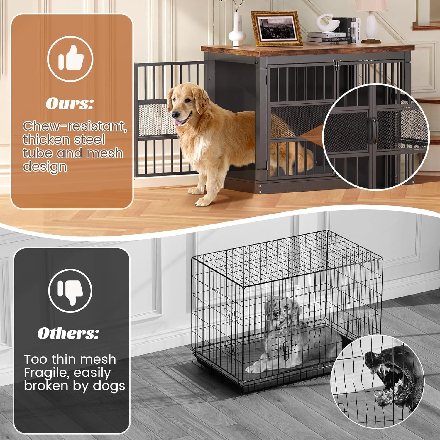 VOPEAK 40" Dog Crate Furniture, Chew Resistant Dog Crate for Dogs, Heavy Duty Dog Crates Dog Kennel Cage Indoor with Double Doors, End Table for Bedroom Living Room, Black