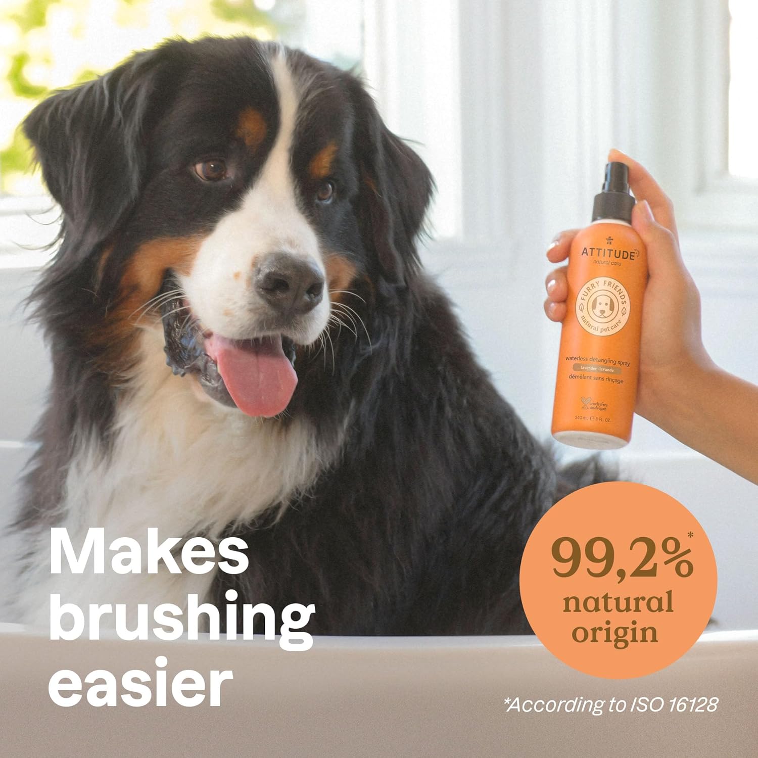 ATTITUDE Waterless Anti-Itching Detangling Spray for Pets, Plant and Mineral-Based Ingredients, Vegan and Cruelty-Free Animal Grooming Products, Lavender, 8 Fl Oz
