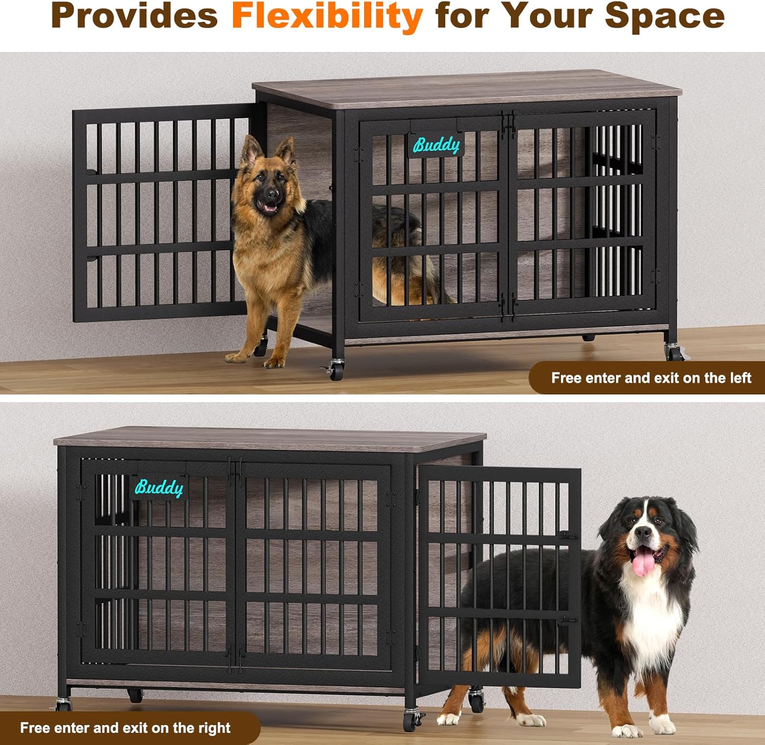 EasyCom 48"/42"/33" XXL Dog Crate Furniture with Casters, Heavy Duty Dog Kennel Indoor for Large Dogs, Escape-Proof and Chew-Proof Dog Cage for high Anxiety Dog, Decorate House as TV Stand, End Table