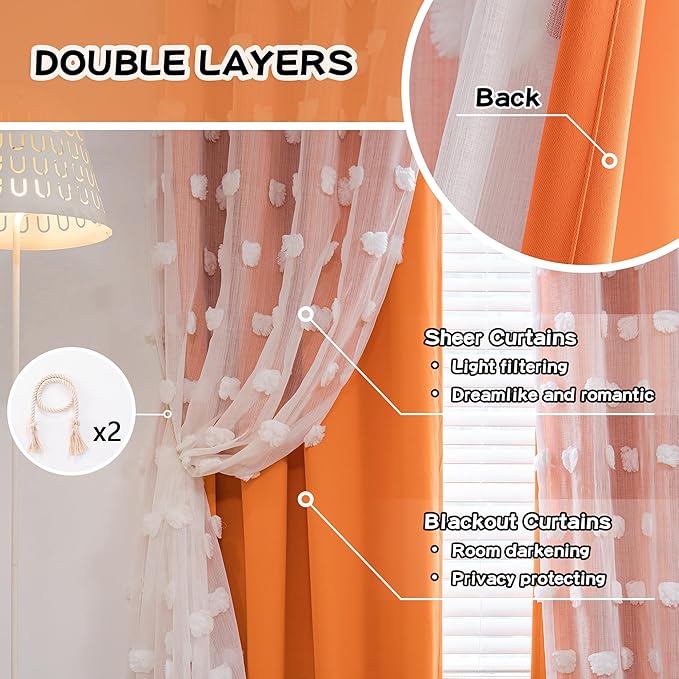 MYSKY HOME Nursery Curtains for Girl Bedroom Orange Curtains 72 Inches Long Pom Pom White Sheer Curtains for Kids Room Double Layer Toddler Bedroom Grommet Room Darkening Window Panels 52 x 72 in