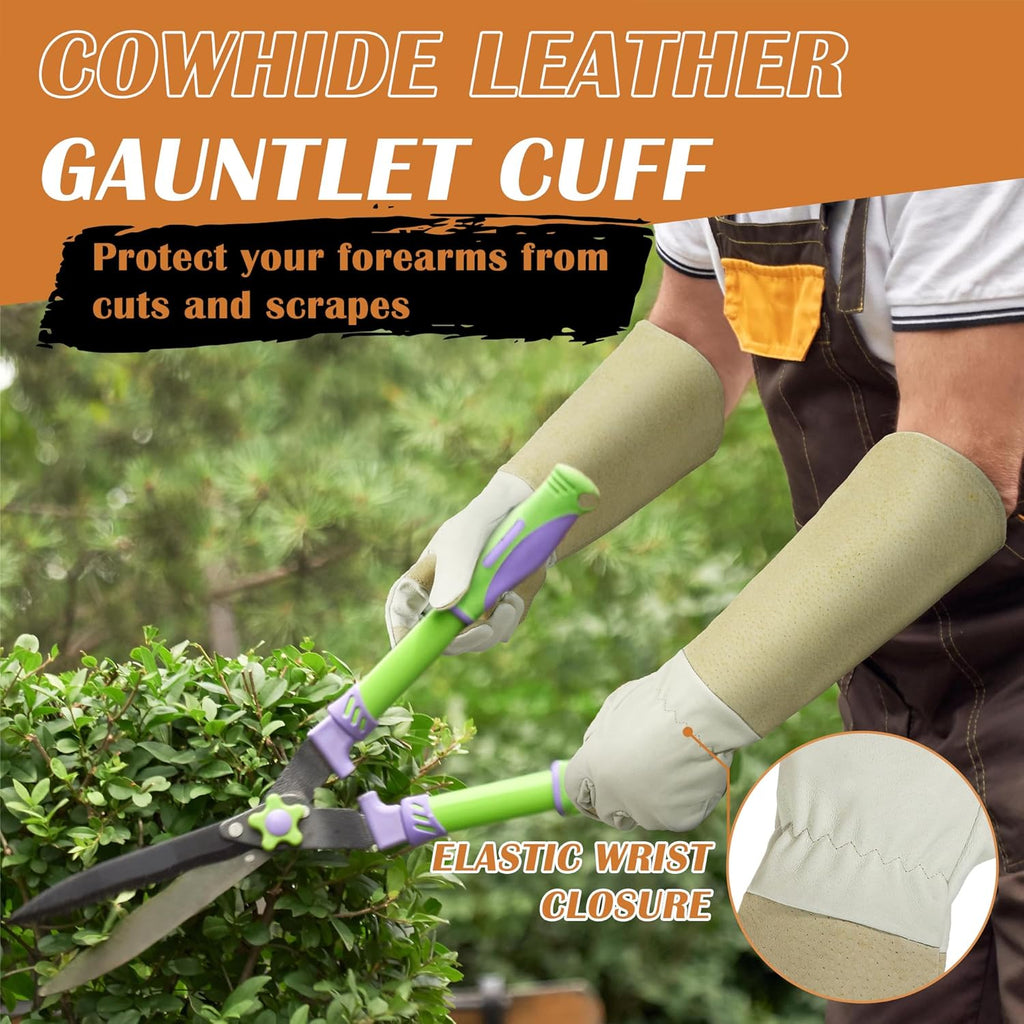 HANDLANDY Pruning Gloves Long for Men & Women, Pigskin Leather Rose Gardening Gloves- Breathable & Durability Gauntlet Glove (Small, Beige)