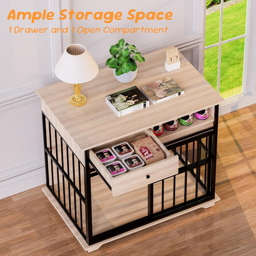 35.5" Dog Crate Furniture, Wooden Dog Crate Furniture for Medium Small Dogs, Wooden Dog Kennel End Table with Drawer and Open Shelves, Sliding Door Dog Kennel Furniture