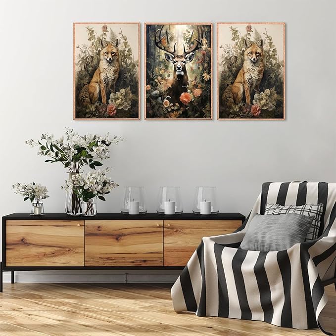 3pcs Vintage Forest Animal Canvas Wall Art Wild Animal Deer Rabbit Fox Paintings Pictures Dark Academia Wall Decor Gothic Botanical Posters Print Artwork for Living Room Office Decor 16x24in Unframed