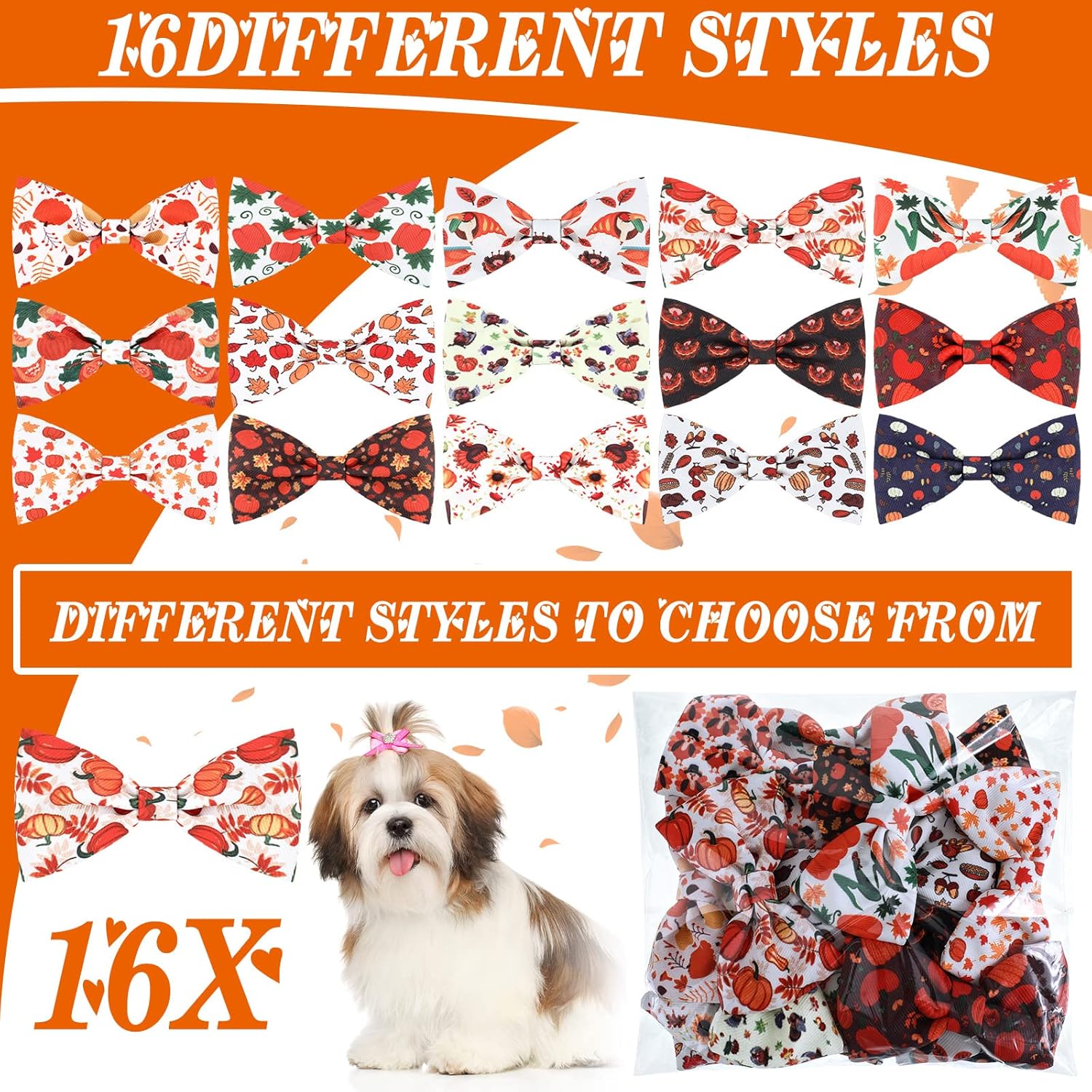 Weewooday 16 Pcs Dog Bow Ties Slide Pet Collar Bows Summer Hawaiian Styles Large Dog Collar Attachment Bowtie with Rubber Bands Male Pet for Spring Summer Grooming Independence Day(Pumpkin Style)