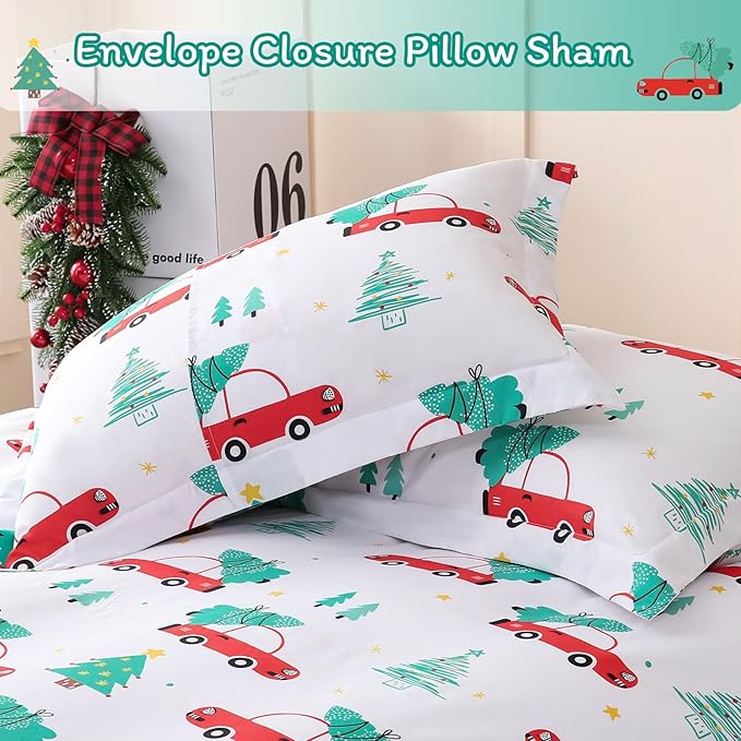 JSD Red Cars Kids Christmas Duvet Cover Set Twin Size, 2 Piece Xmas Comforter Cover with Pillow Sham Zipper Closure, Comforter Not Included