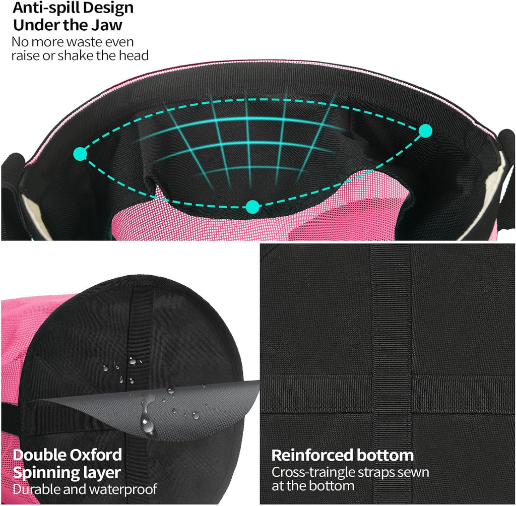 Horse Feed Bag 2 Pcs, Mesh Feed Bags for Horses, Muzzle Feedbag for Feeding Grain, Anti-Spill Design Feeder, Soft Neck Pad Nose Pad, Breathable and Universal Fit (Pink, Pack of 2)