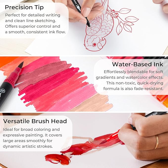 Red Duo Tip Marker Pens, 12 Pack Fine & Brush Markers for Adult Coloring Books No Bleeding, Vibrant Red Markers for Holiday Cards, Bold Lettering, Attention-Grabbing Highlights and Logos