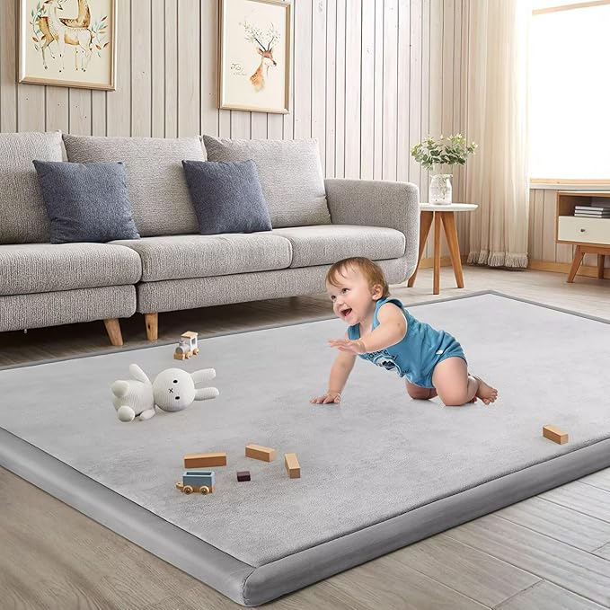 Baby Play Mat for Floor Tummy Time Mat Nursery Rug Muscle Mat Area Rug Playroom Rug Tatami Mat 6'7"x4'11" Memory Foam 1.3" Thick Crawling Mat for Babies,Toddlers, Infants, Kids(Light Gray)