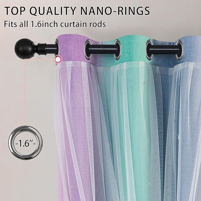 XiDi Purple Grey Green Short Curtains for Girls Bedroom 2 Panels Set, Rainbow Blackout Curtains for Kids Room Decor, Unicorn Wall Decals Grommet Drapes for Nursery 45 Inches Long 34 Inches Wide