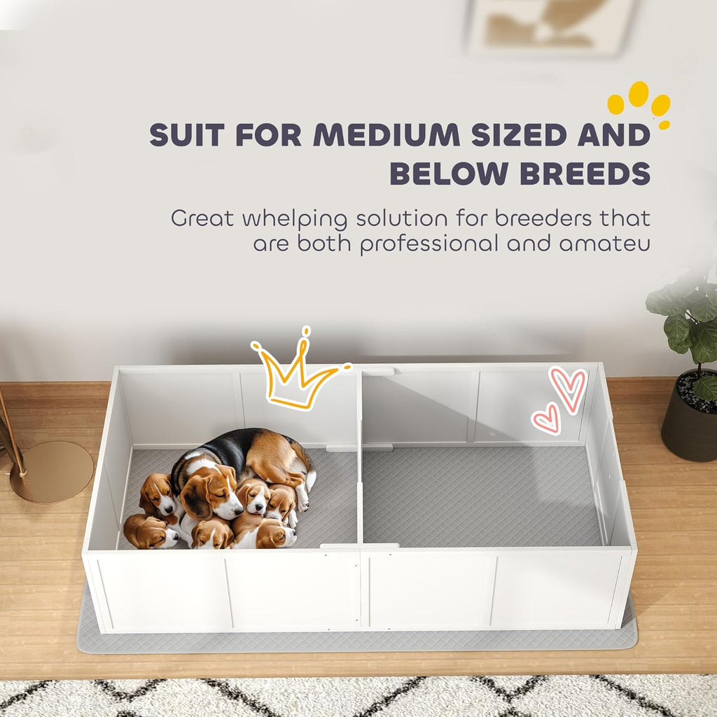 PawHut Whelping Box for Dogs and Puppies, Whelping Pen with Washable Waterproof Pee Pad & Adjustable Door for Medium and Small Dogs, White, 77" x 38" x 19"