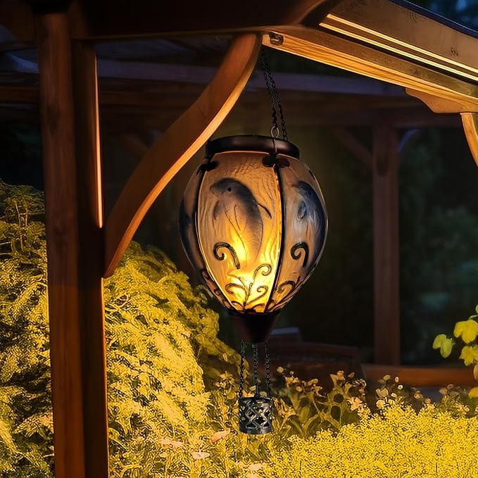 Glass Solar Hot Air Balloon Lantern with Flame Hanging Garden Flickering Light Outdoor Waterproof for Yard Patio Tree Mother's Day Gift, Dolphin