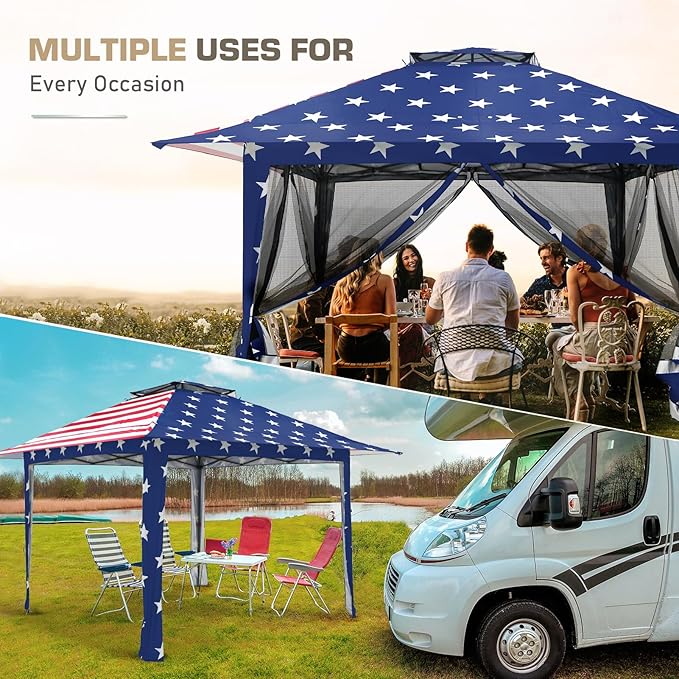 EAGLE PEAK 13x13 Pop Up Gazebo with Mesh Netting, Easy Up Screened Canopy for Patio and Backyard, Easy Set up Outdoor Gazebo (American Flag)