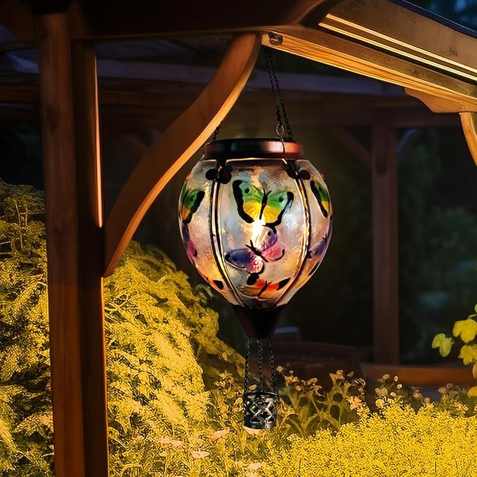 Glass Solar Hot Air Balloon Lantern with Flame Hanging Garden Flickering Light Outdoor Waterproof for Yard Patio Tree Mother's Day Gift, Butterfly