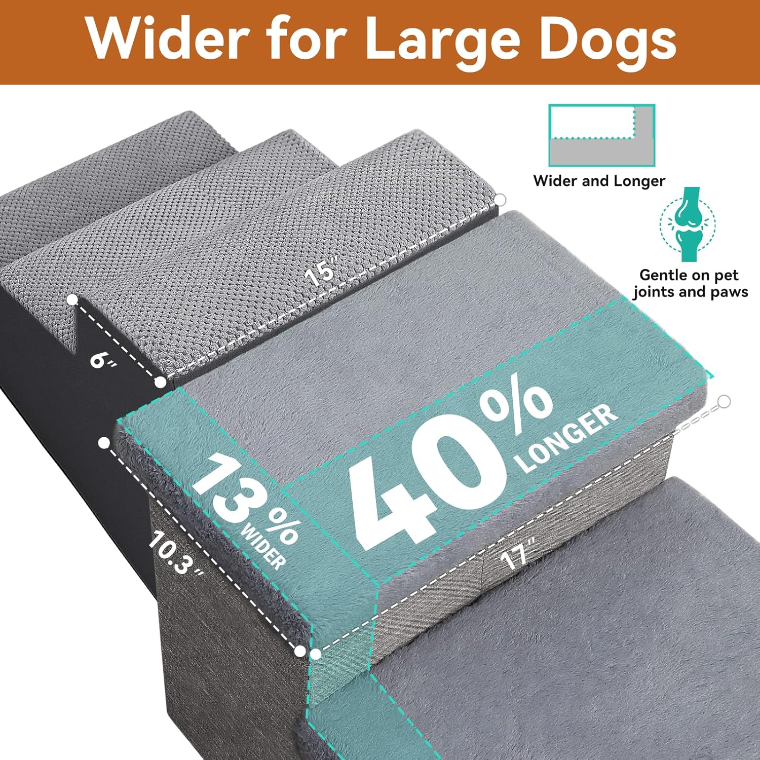 Dog Stairs with Furry Lids 18" H, 3-Step Wider Dog Steps with Storage for Small/Medium/Large Old Dogs Cats, Folding Sturdy Pet Stairs Climbing Bed Couch, Ramp for Car Hold Up to 200 lbs, Grey