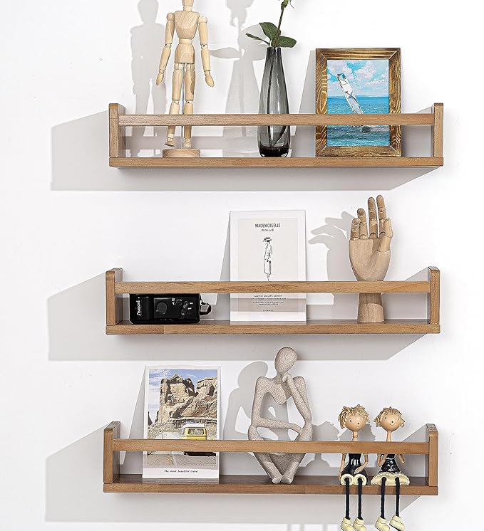 AZSKY Light Walnut Floating Shelves - Baby Nursery Decor Wall Book Shelves for Kids Room & Bathroom Decor - Set of 3, 24 Inch