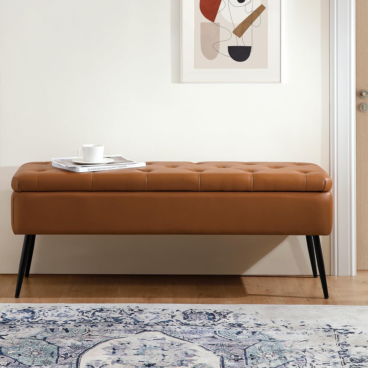 Leather Storage Ottoman Bench,End of Bed Bench for Living Room Bedroom Dinning Room Entryway,Mid-Century Modern,Faux Leather,with Steel Legs,Safety Hinges, Loads 660 lb (with Button, Brown)